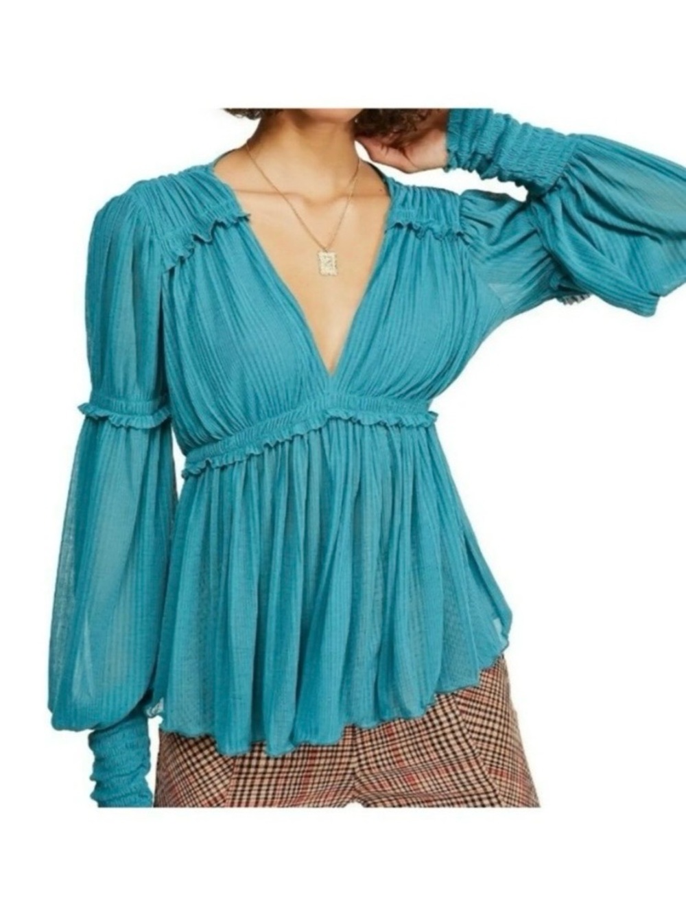 Free People Teal Plunging V-Neck Peasant Blouse